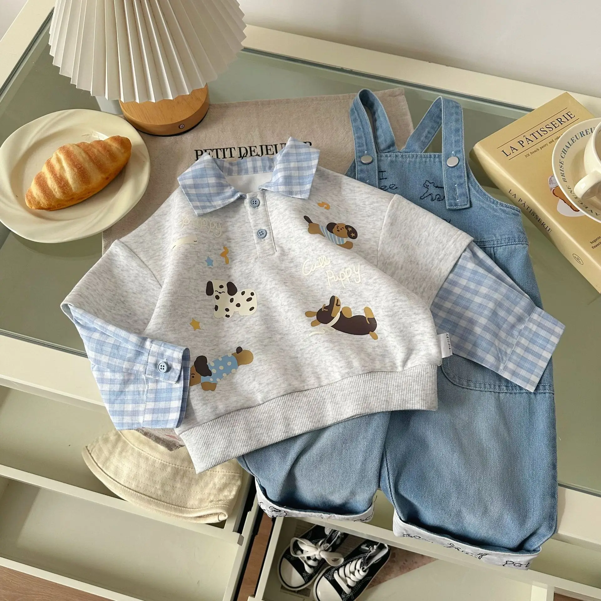 

2025 Autumn New Boys Fake Two Sweatshirt Polo Collar Shirt Fake Two Puppy Prints