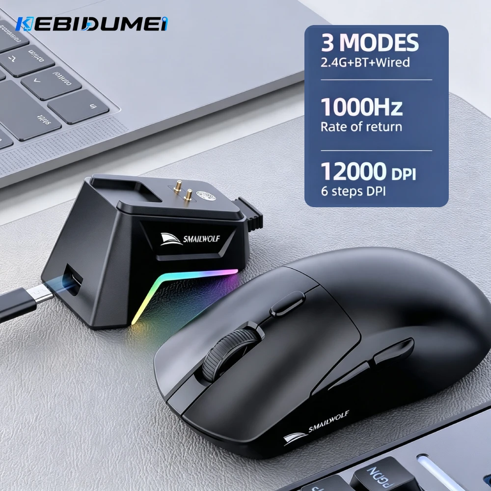 KEBIDUMEI Tri-Mode Gaming-Maus M3 Ergonomische Gaming-Maus 12000 DPI 1000Hz Mäuse mit magnetischer Ladestation für PC-Laptop-Gamer