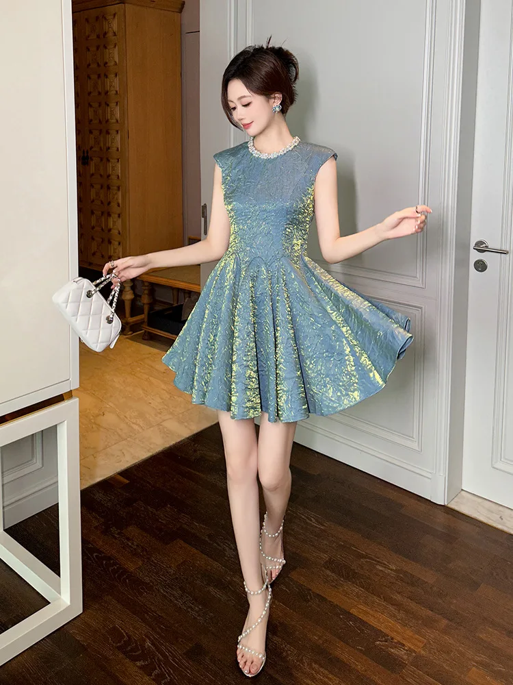 A-Leibniz- Summer, New Style, French Style, Diamond-encrusted, Round Neck, Waisted, Pleated, Petite, Temperament, Puffy Dress