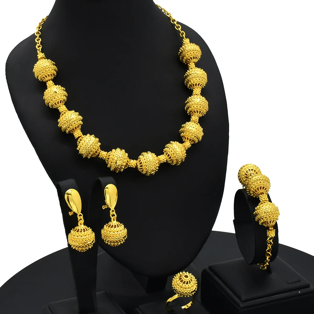 

Large Bead 4-Piece Set Wedding Women 24K Gold AU999 - Bridal set, plump round beads, pure gold for dignified luxury