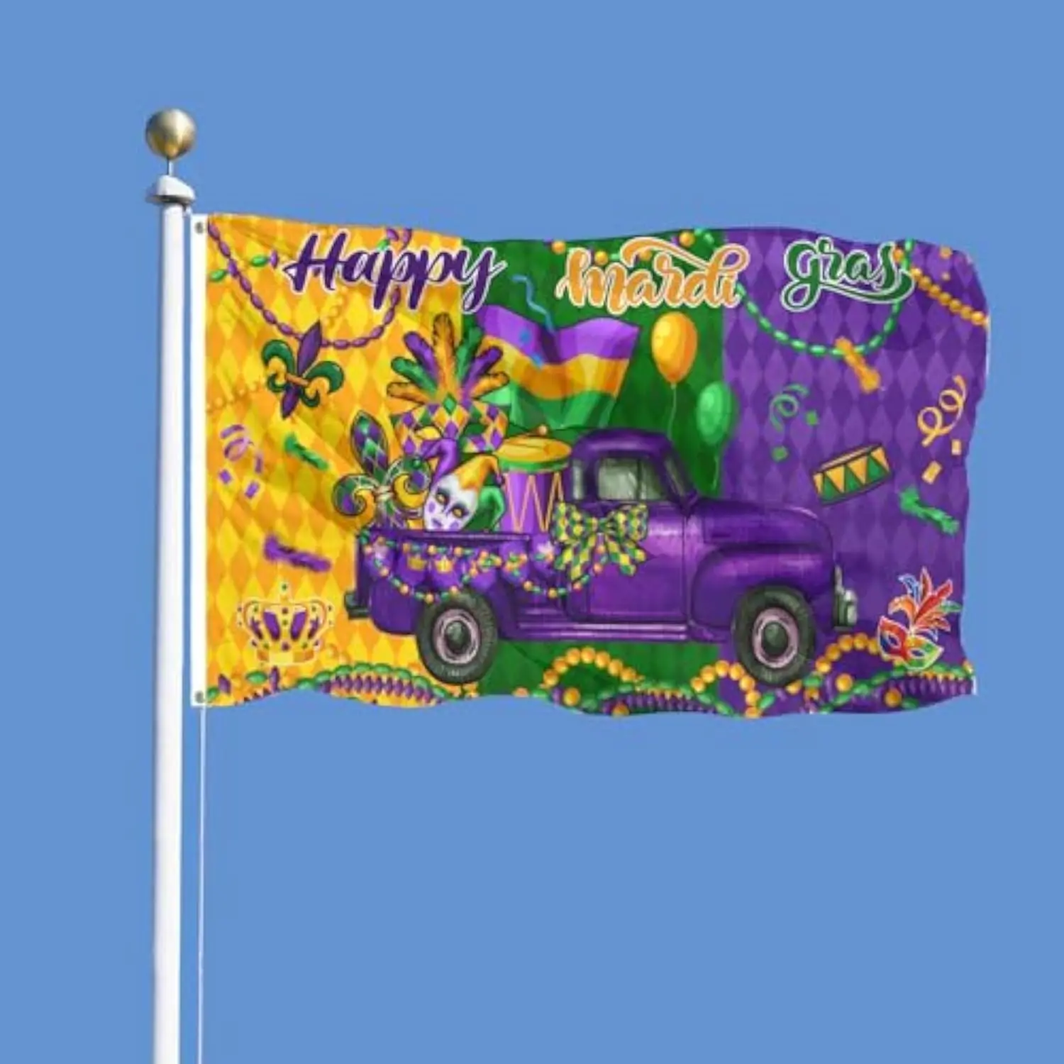 Mardi Gras Truck Flag Purple Gold Fleur de Lis Yard Banner for Outdoor Carnival Decor
