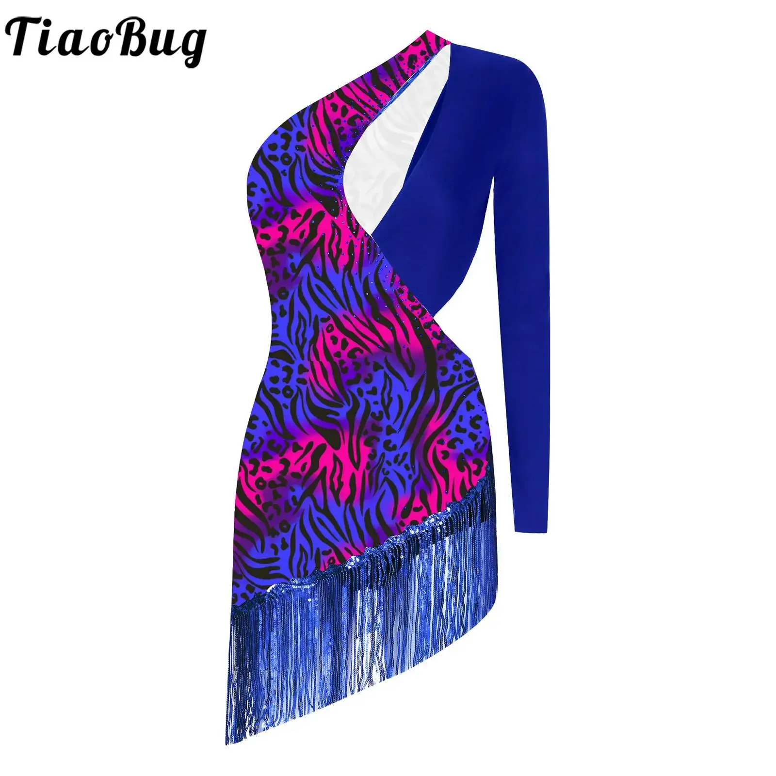 

Women Print Latin Dance Jazz Samba Dance Performance Dress Rhinestones One Long Sleeve Cut Out Patchwork Sequins Tassel Dress
