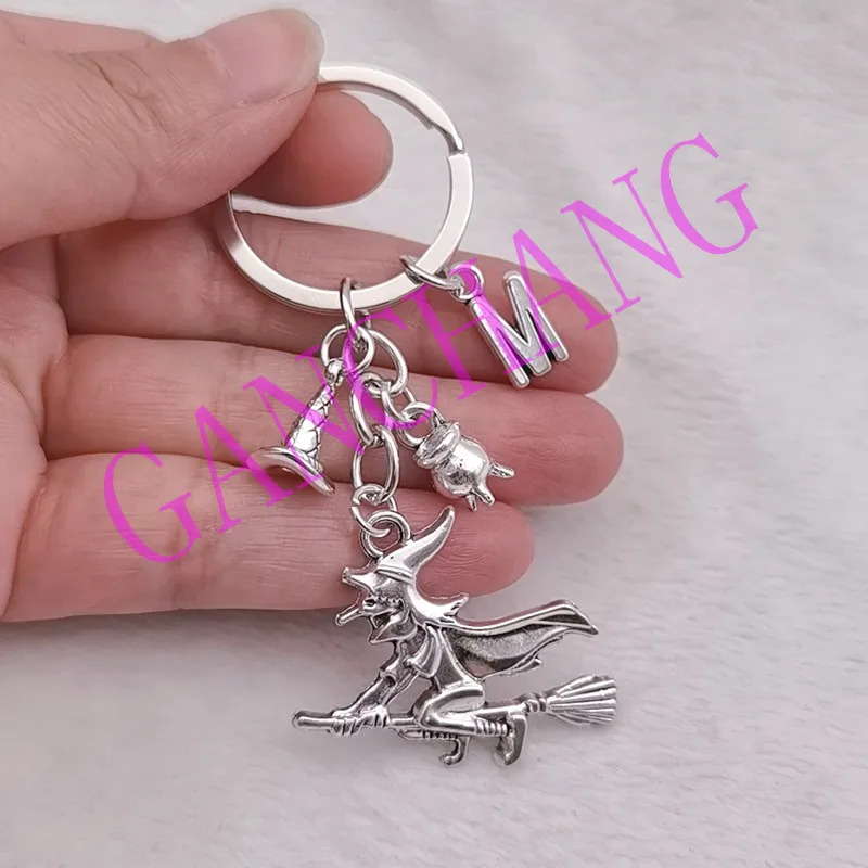 Fashion Witch Key Chain Wizard Keychain witch hat Charm key ring  Letters A-Z Keychain Witch Broomstick Halloween Gift