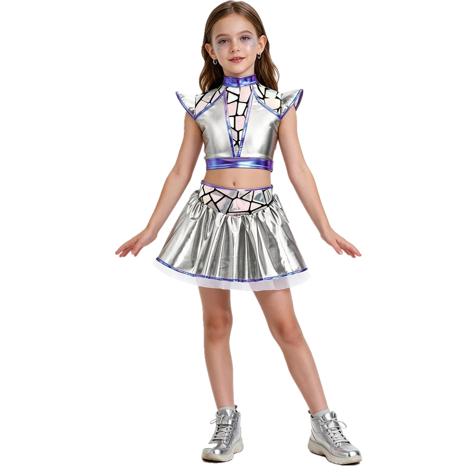 Girls Alien Robot Dress Up Costume Metallic Shiny Jazz Dance Outfit Crop Top with Tutu Skirt Built-in Briefs for Halloween Party