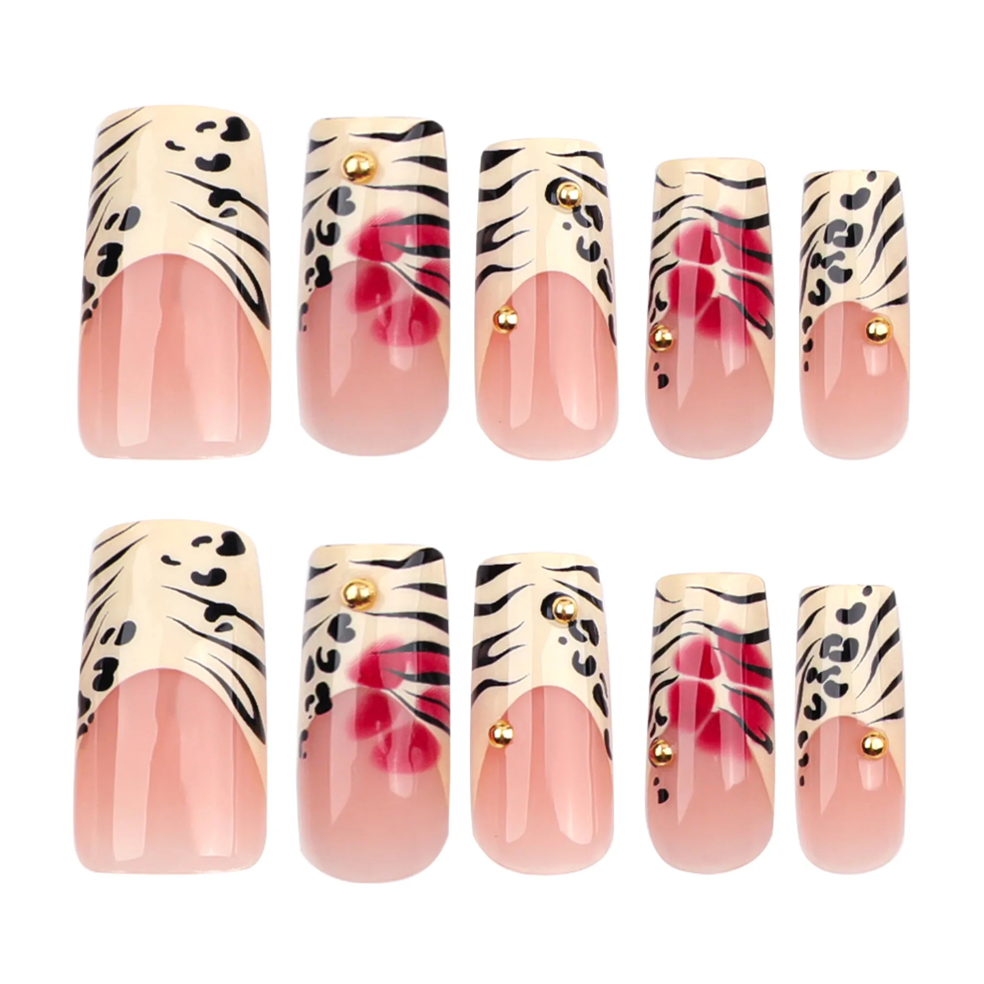 

24/10PCS Leopard Print Long Pointed Fake Nails Cherry Blossom Heart-shaped Ballet Fake Nails Artistic Charm Almond Nail Polish