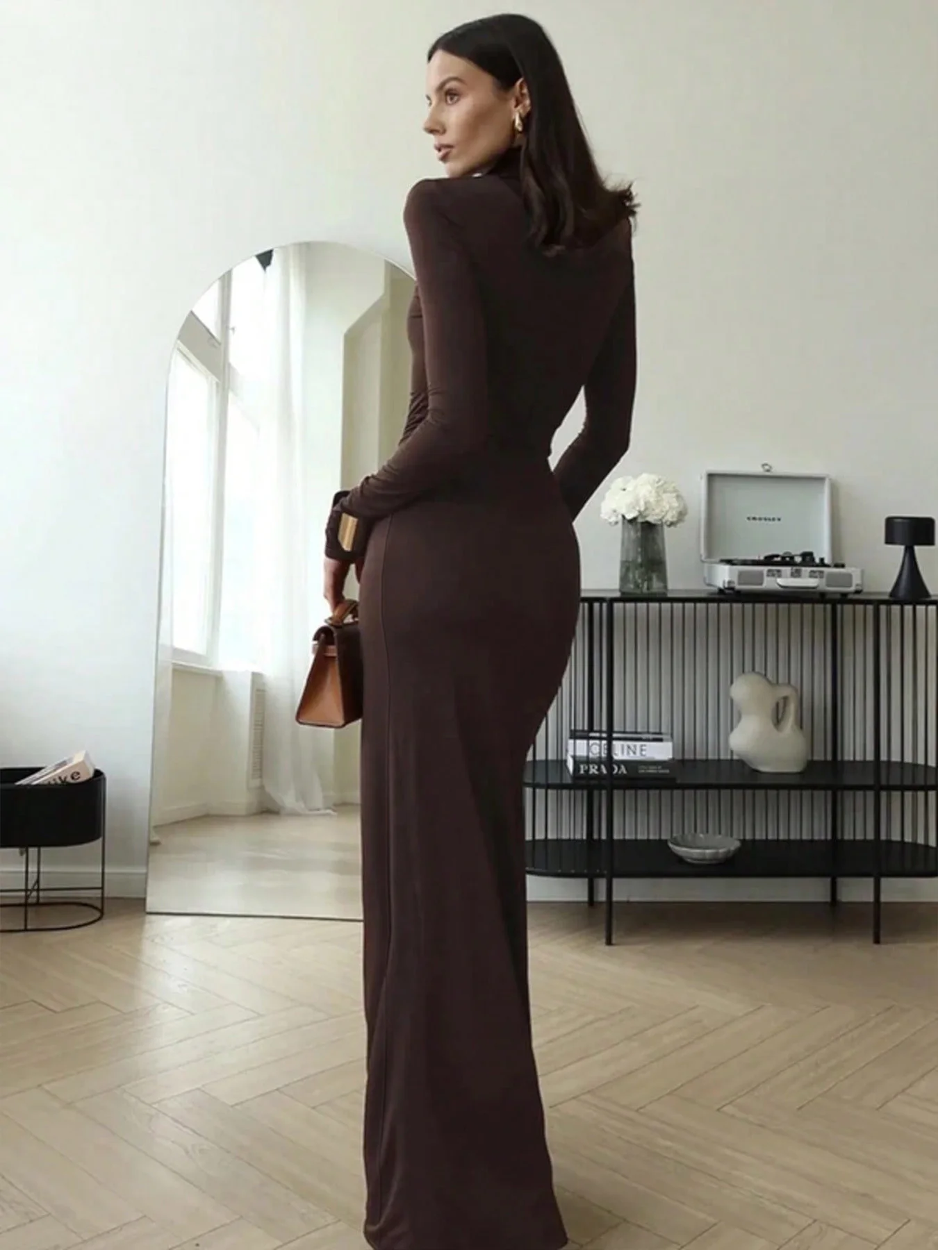 Chic Turtleneck Bodycon Maxi Dress Ruched Side High Slit Long Sleeve Gown Vintage Elegant Outfit for Evening Party Prom Dresses