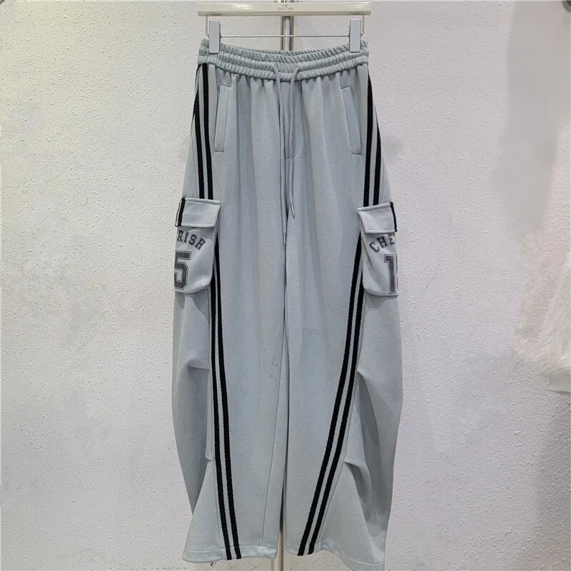 HKSH ربيع الخريف جديد المرأة Sweatpants مرونة الخصر التباين اللون متعدد جيب أنيقة موضة عادية بنطال رياضي HK13504