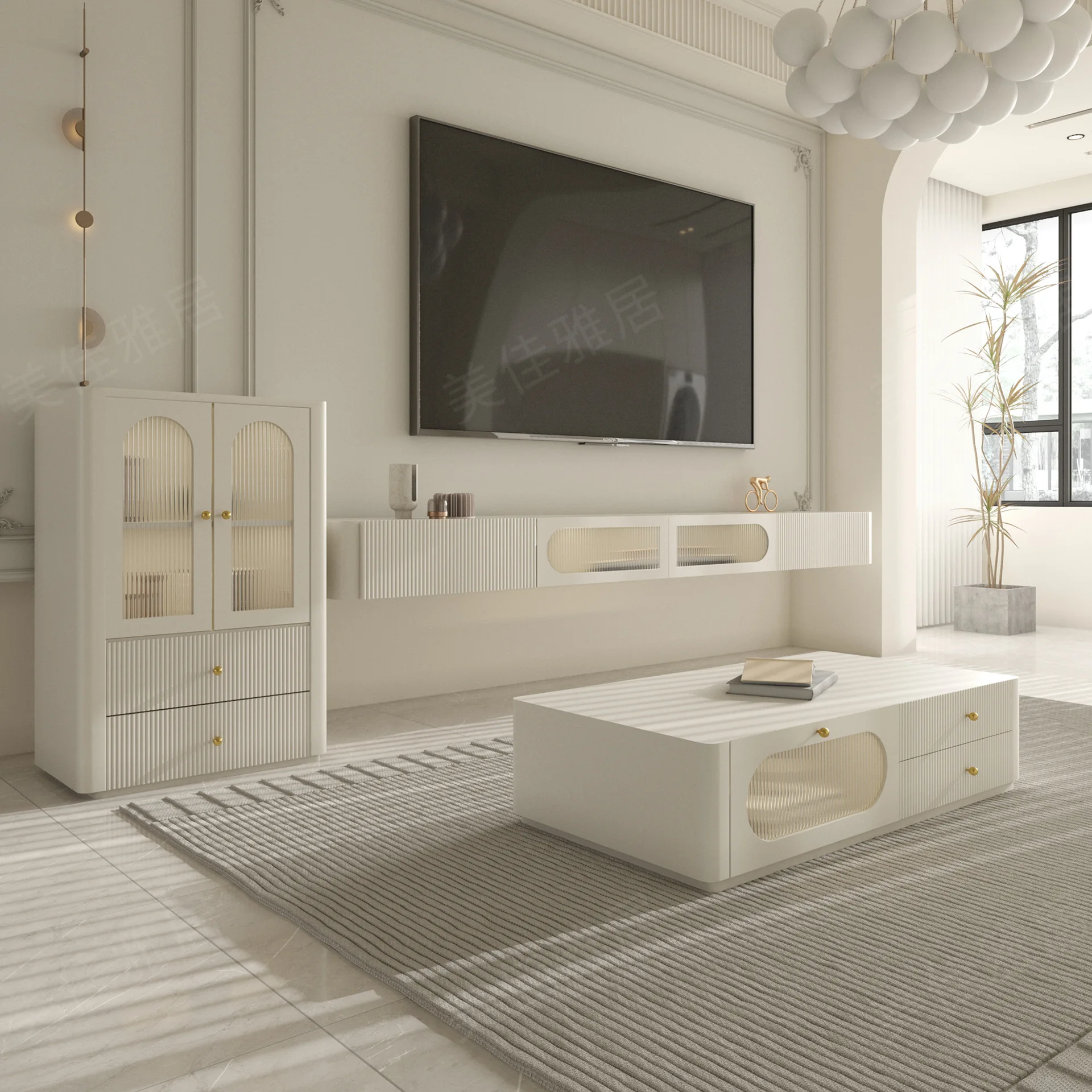 Nordic TV cabinet coffee table combination modern simple small apartment cream style solid wood paint floor-to-ceiling TV cabine