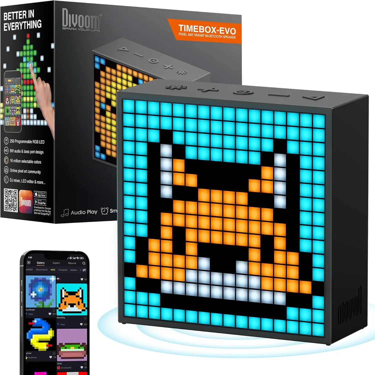 

Bluetooth-колонка Pixel Art с LED-дисплеем, управлением через приложение, будильником и функцией игровой настройки - черная