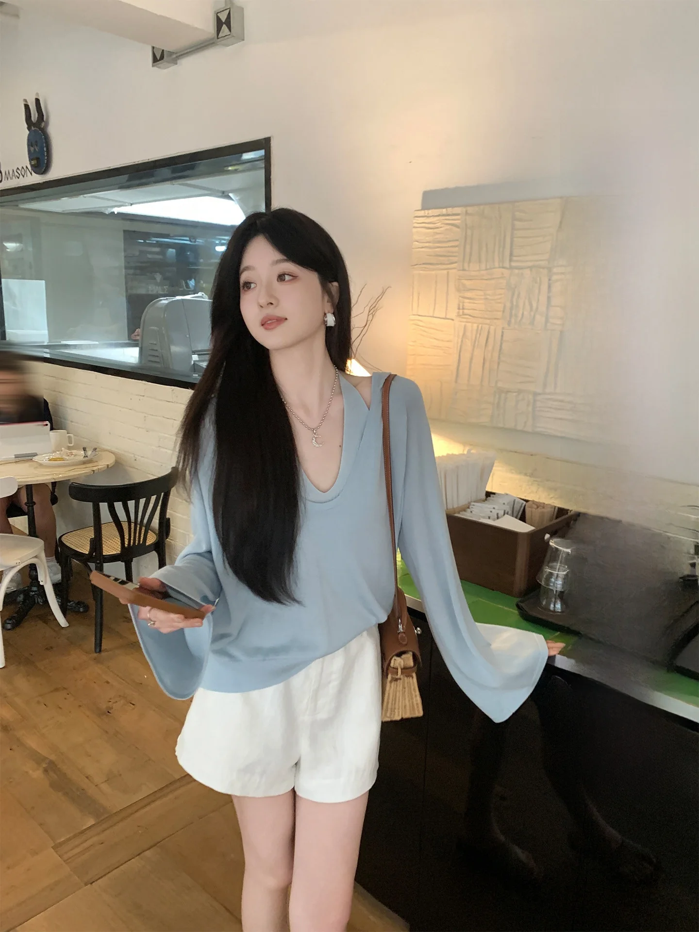 

Aboutpoem Summer Loose Knitted Cover up Shirt Women's Casual Style Long Sleeve V Neck Hoodie U Neckline Fashion Top