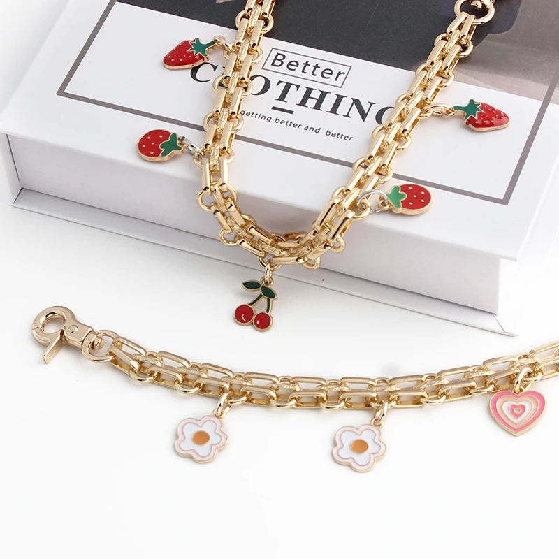 1PC  leaf strawberry flower drip glue bag decoration metal chain mobile phone case earphone cover pendant extension chain