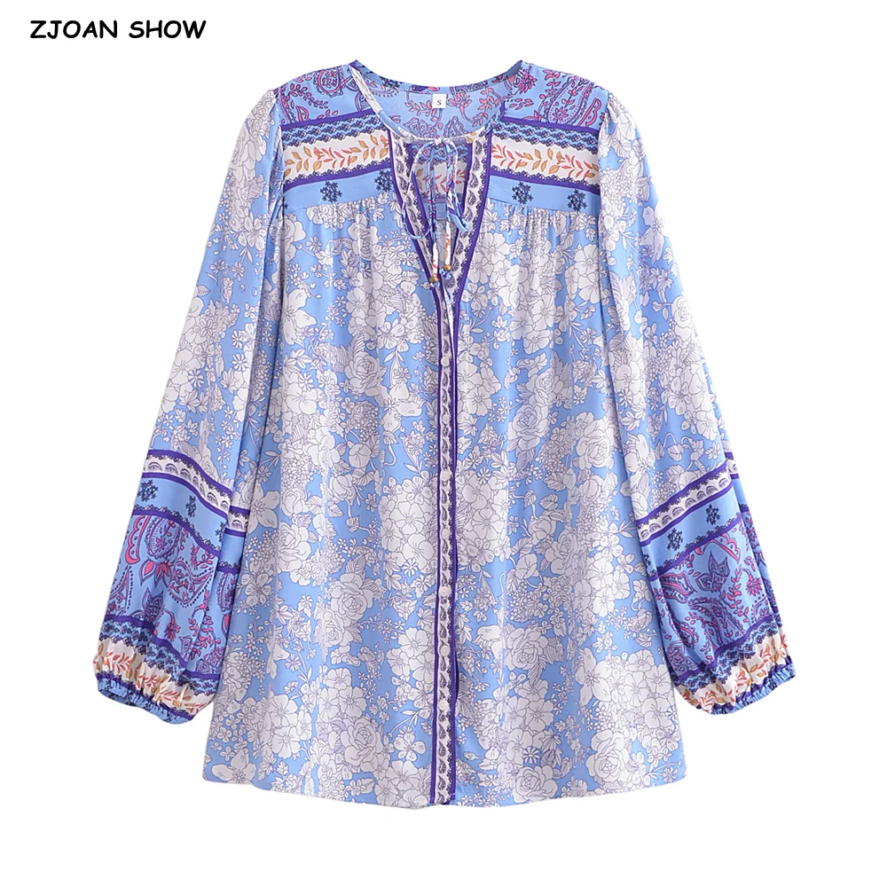 2024 BOHO Bow Lacing up V neck Floral Print Long Sleeve Shirt Holiday Women Single-Breasted Button Blouse Beach Tops