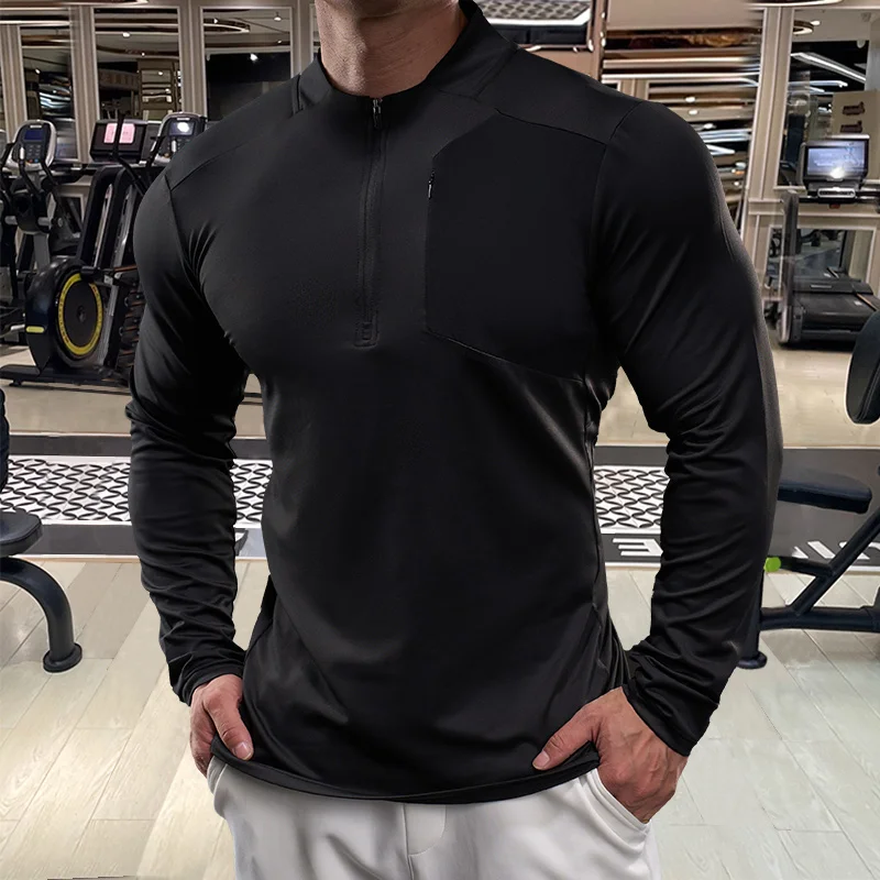 

Spring Summer Tight-fitting High-stretch Men's Long-sleeve Hooded Sports T-shirt Outdoor Solid Top Breathable Quick-dry Run Wear