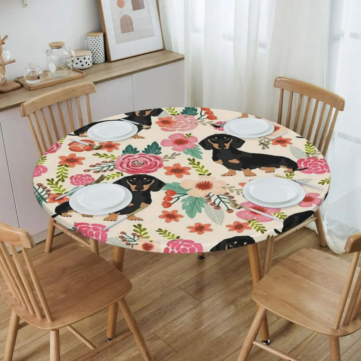 Dachshund Sausage Floral Dog Pattern Waterproof Round Tablecloth Oilproof Table Cloth for Kitchen Events Dining Table Cover