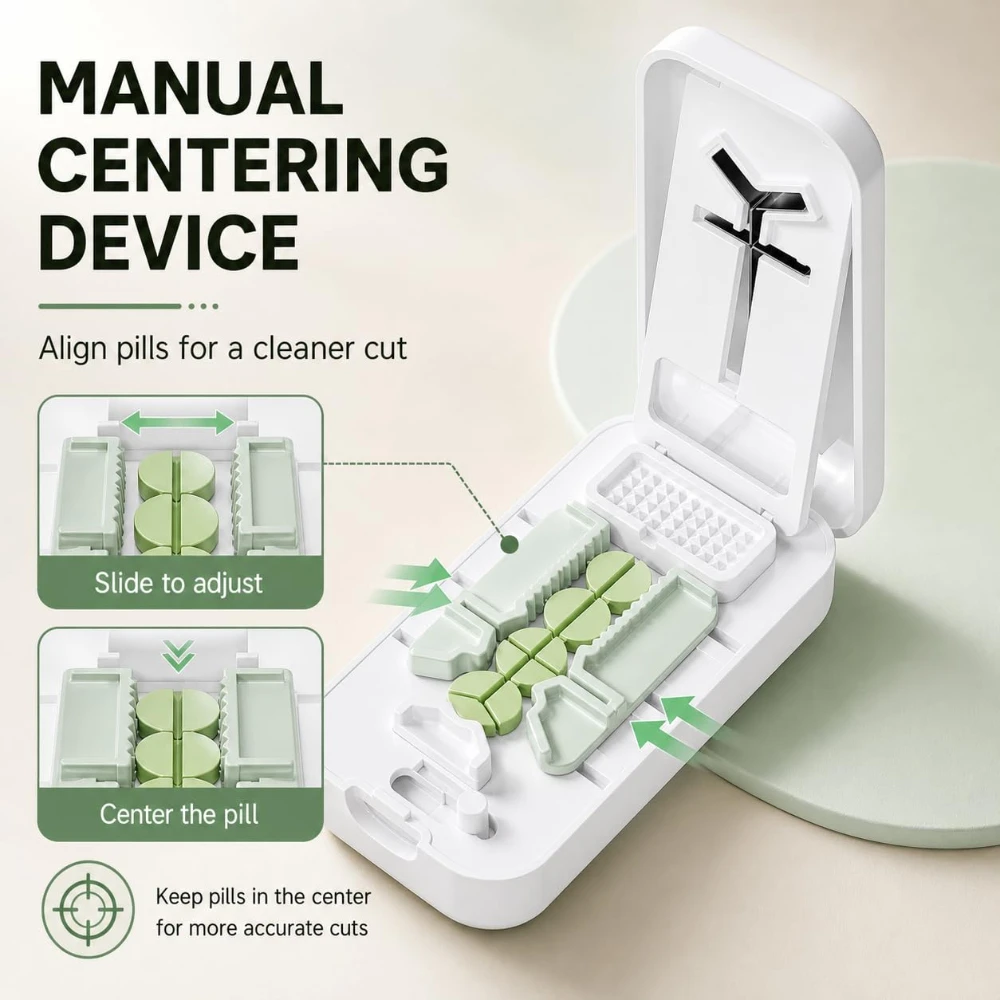 Portable Dual-Blade Pill Cutter and Crusher Precision Half Third and Fourth Tablet Splitter with Silicone Grip and Safety Lock