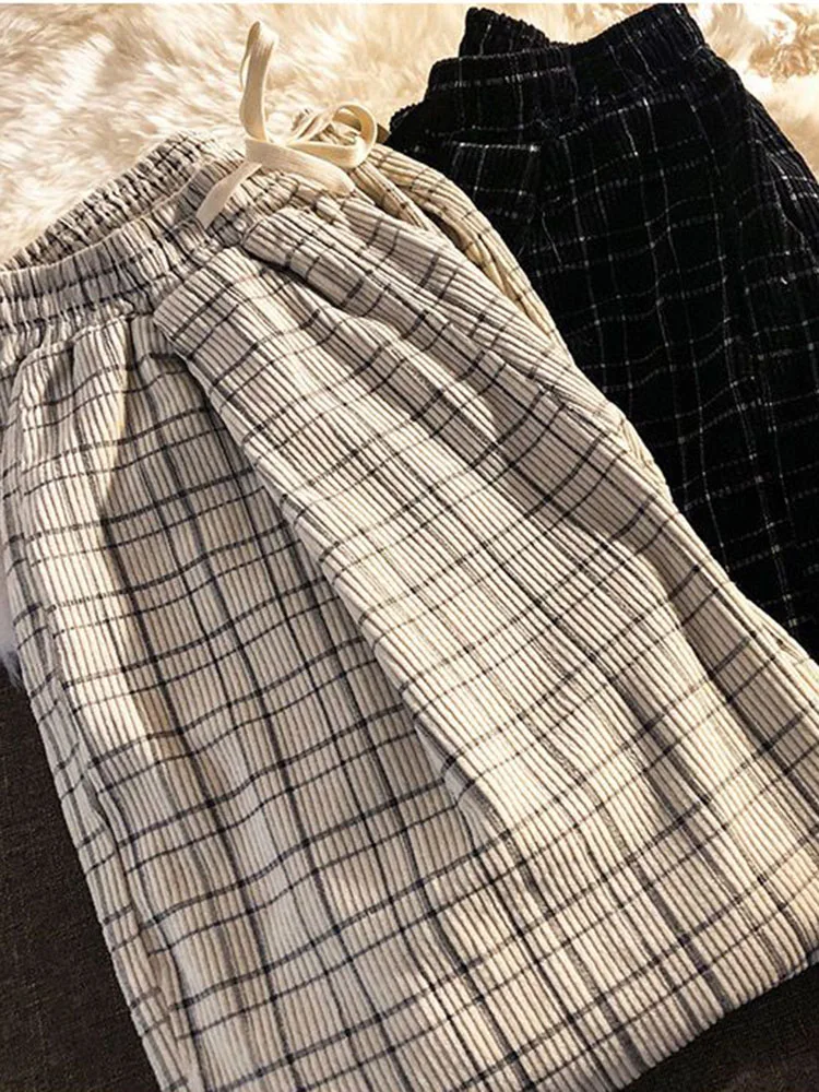 ZOKI Vintage Plaid donna pantaloni inverno spessa velluto a coste inverno pantaloni dritti Casual a vita alta nero coreano femminile pantaloni nuovo