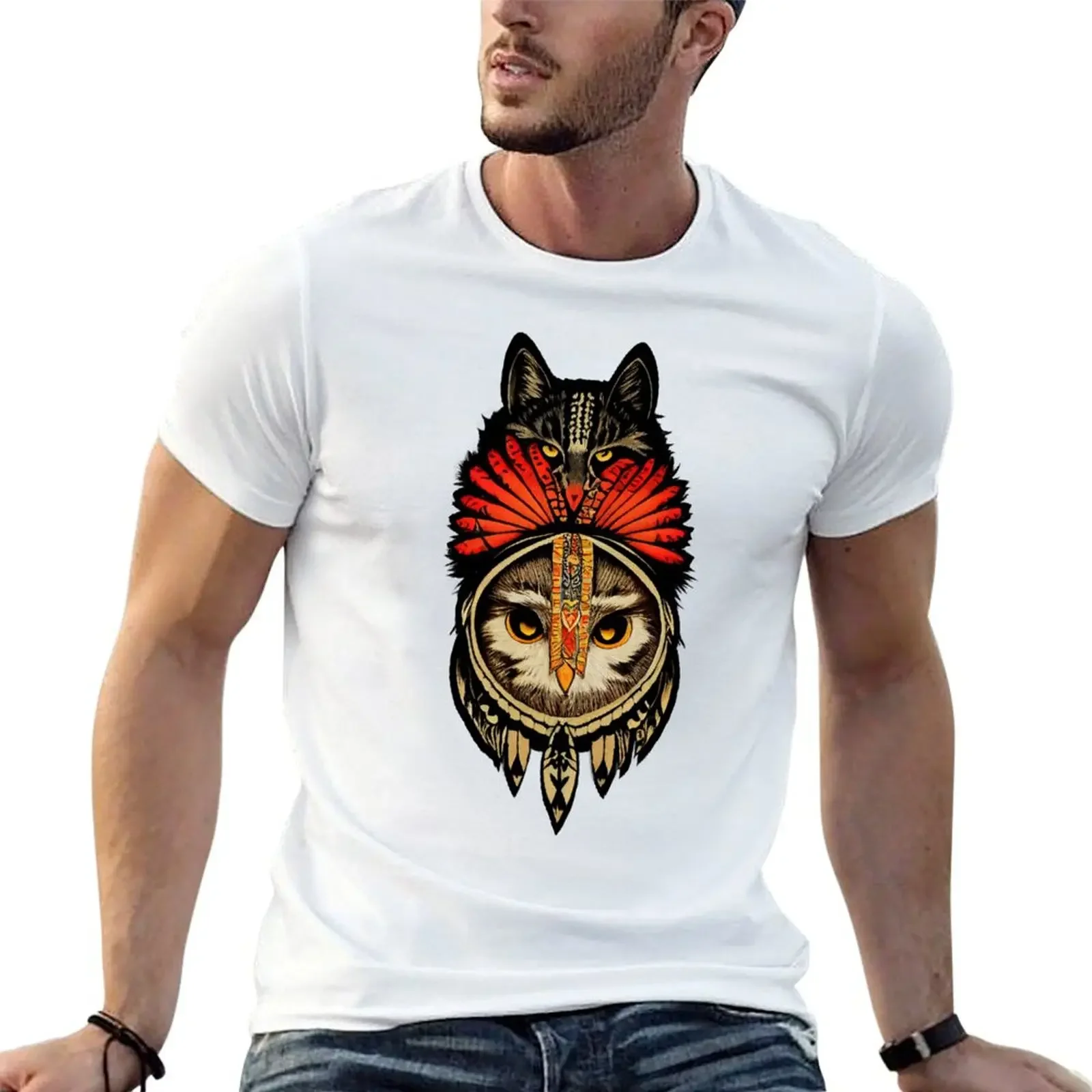 Cat and an Owl T-shirt tees sports fans mens white t shirts