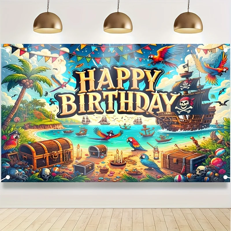 

Pirate Ship Treasure Background Cloth Banner Boy Girl Happy Birthday Children Party Baby Shower Holiday Photoshoot Decoration