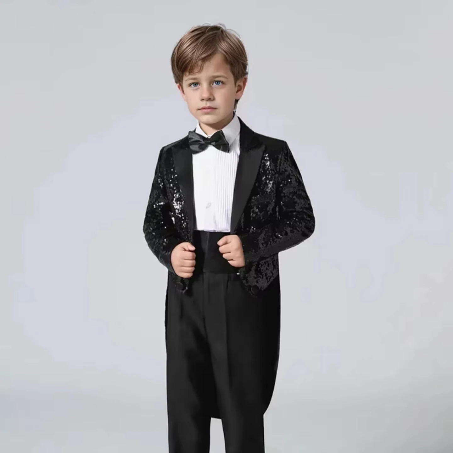Boys' Classic Sequin Tuxedo Suit Set Sparkling Gentleman Outfit for Kids 3-16 Stage Performances Weddings