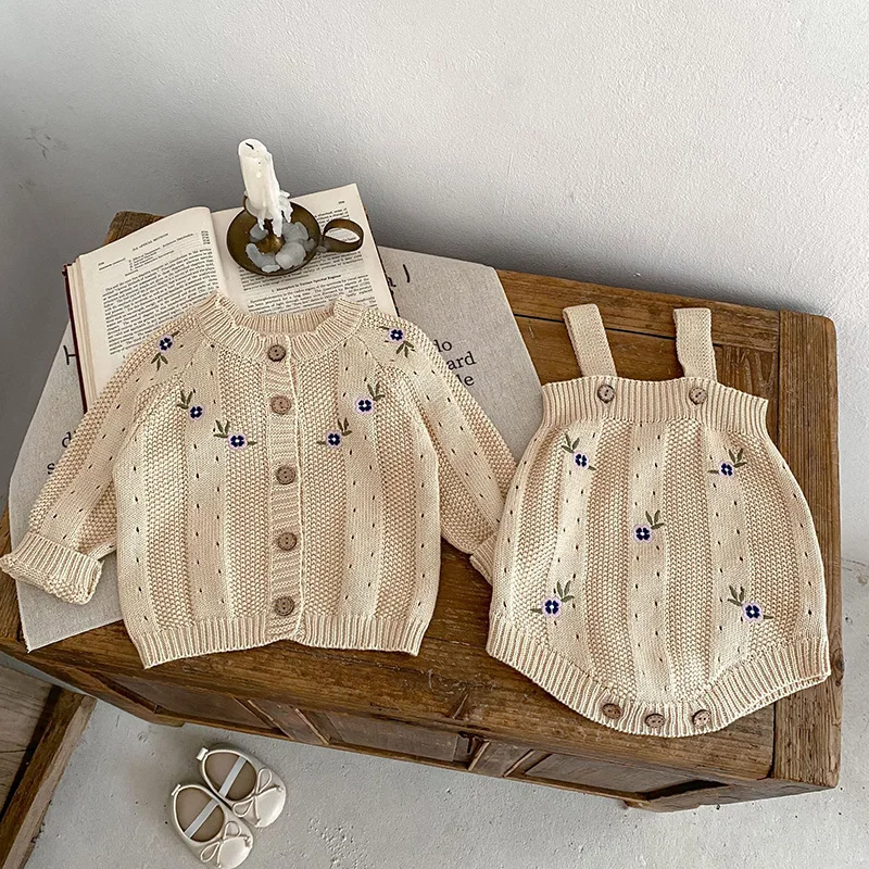 MILANCEL Toddler Baby Girl Clothing Set Embroidery Flower Knit Sweaters Beige Bodysuit Infant Girls Outfit