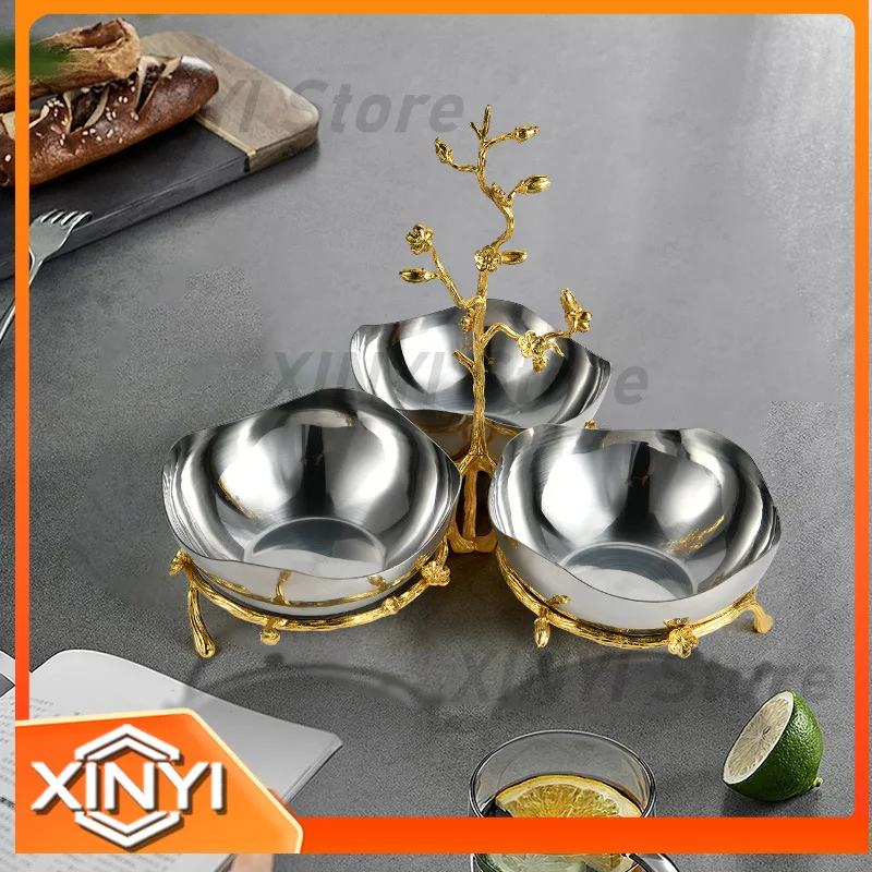 Luxury Stainless Steel Three-Compartment Fruit Salad Bowl for Villa Decor with Golden Branch Design for European Style
