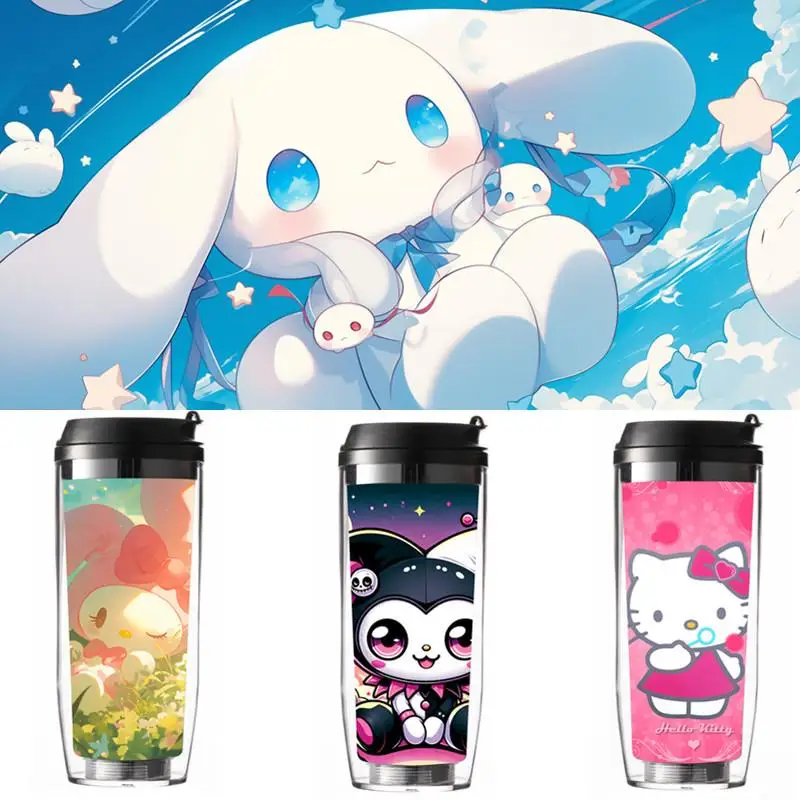 Nowy Sanrios uroczy anime peryferyjny Hello Kittys kubek ze słomką dwuwarstwowy plastikowy kubek izolowany kubek filiżanka do kawy i herbaty mlecznej przenośny kubek