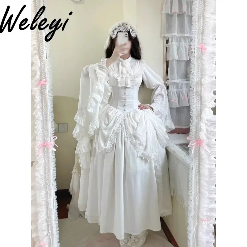 Jirai Kei Clothes Goth Lolita Suit Ropa Mujer All Seasons Streetwear New Pure White Pure Black Ji Sleeve Shirt SK Fishbone Skirt