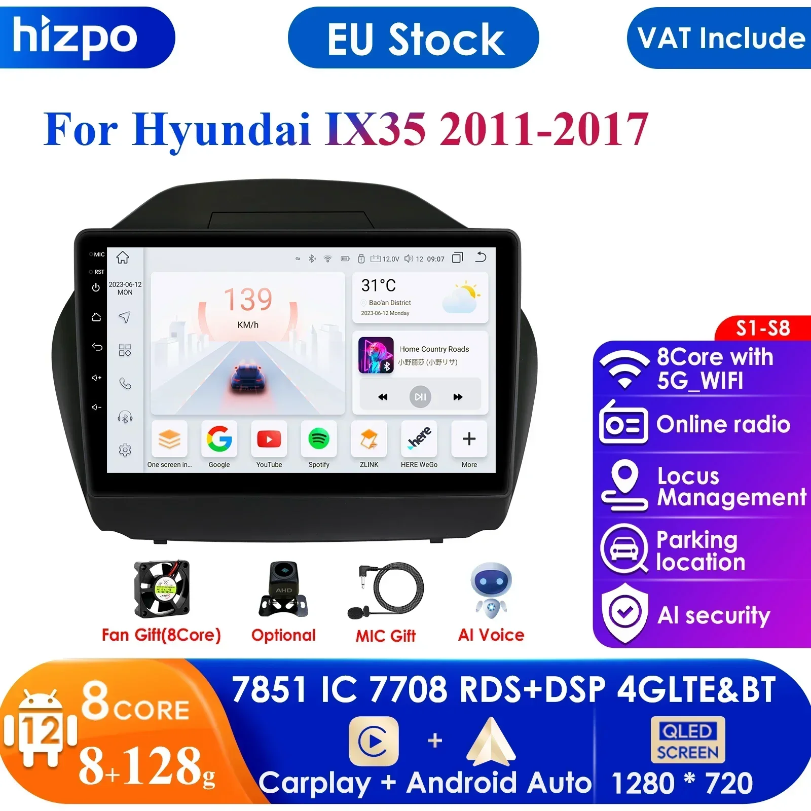 

9'' 7862 AI System 2din Android Car Radio for Hyundai Tucson 2 Ix35 2009 -2015 Navigation GPS Carplay Auto 4G QLED Screen Stereo