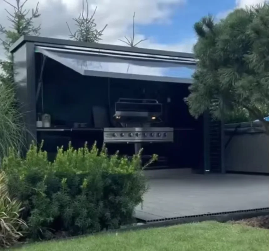 Customized Modular Weatherproof Enclosed Shelter with Outdoor Kitchen Pavilion Featuring A Barbecue and Sink