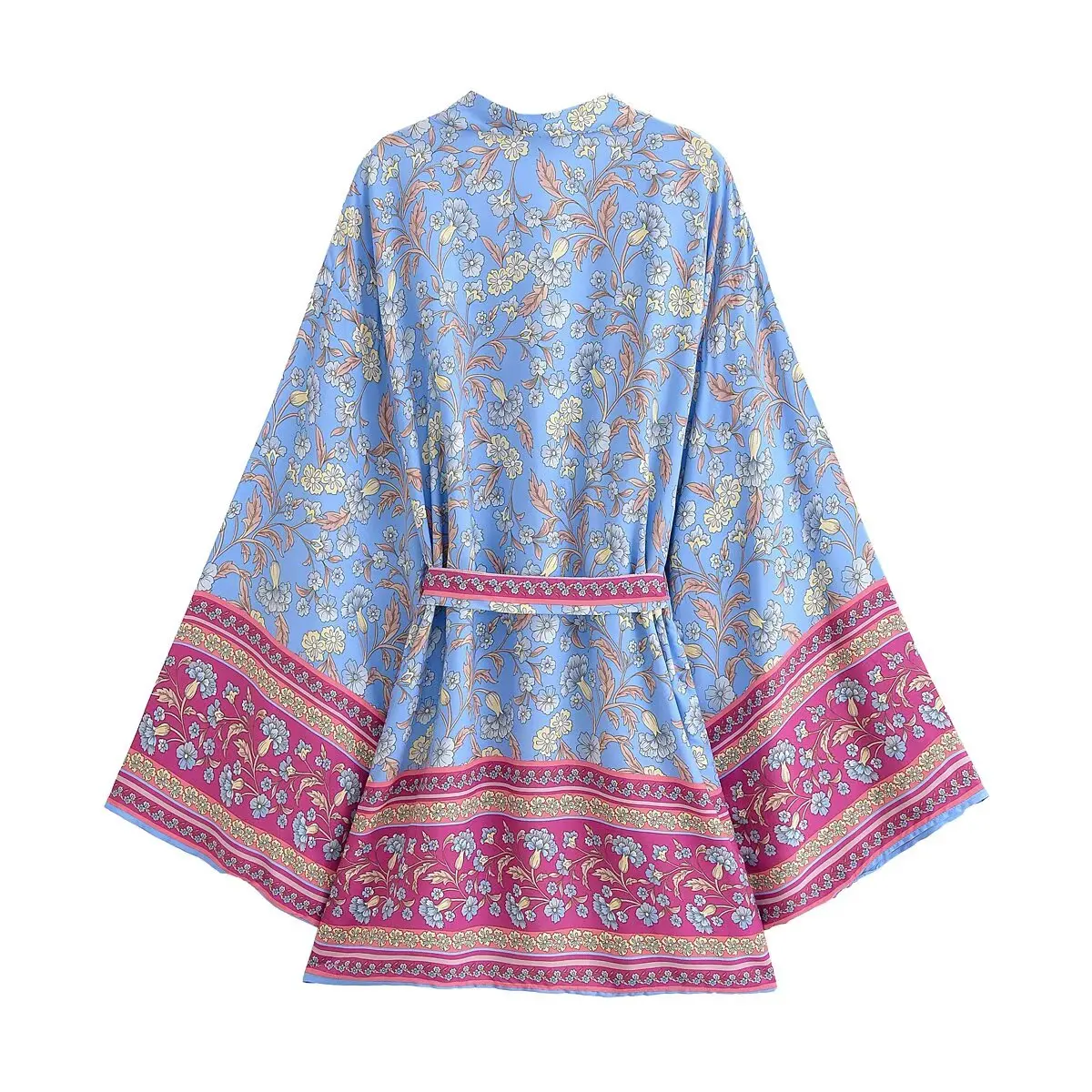 2025 BOHO Women Light Blue Contrast Floral Print Kimono Shirt Holiday Bow Sashes Mid Long Cardigan Summer Blouse Beach Cape Tops