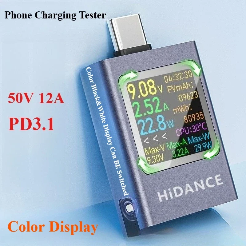 13-in-1 DC 4,5–50 V 0–12 A Multifunktions-Digitalanzeige DC-Spannung Amperemeter Leistungsmesser Typ C Handy-Aufladung PD3.1 Tester