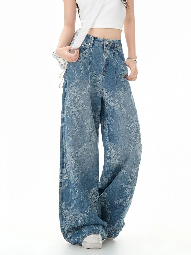 Fashion Printed Jeans 2025 Retro Floral Denim Mopping Trousers Korean Style High Street Loose Hip Hop Wide-leg Jean Pants