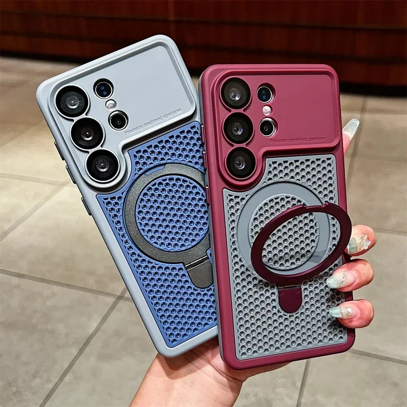 Color Blocking Magnetic Stand Cooling Phone Case for Samsung S26 S25 S24 Ultra Camera Protection Shockproof Bumper Armor Cover