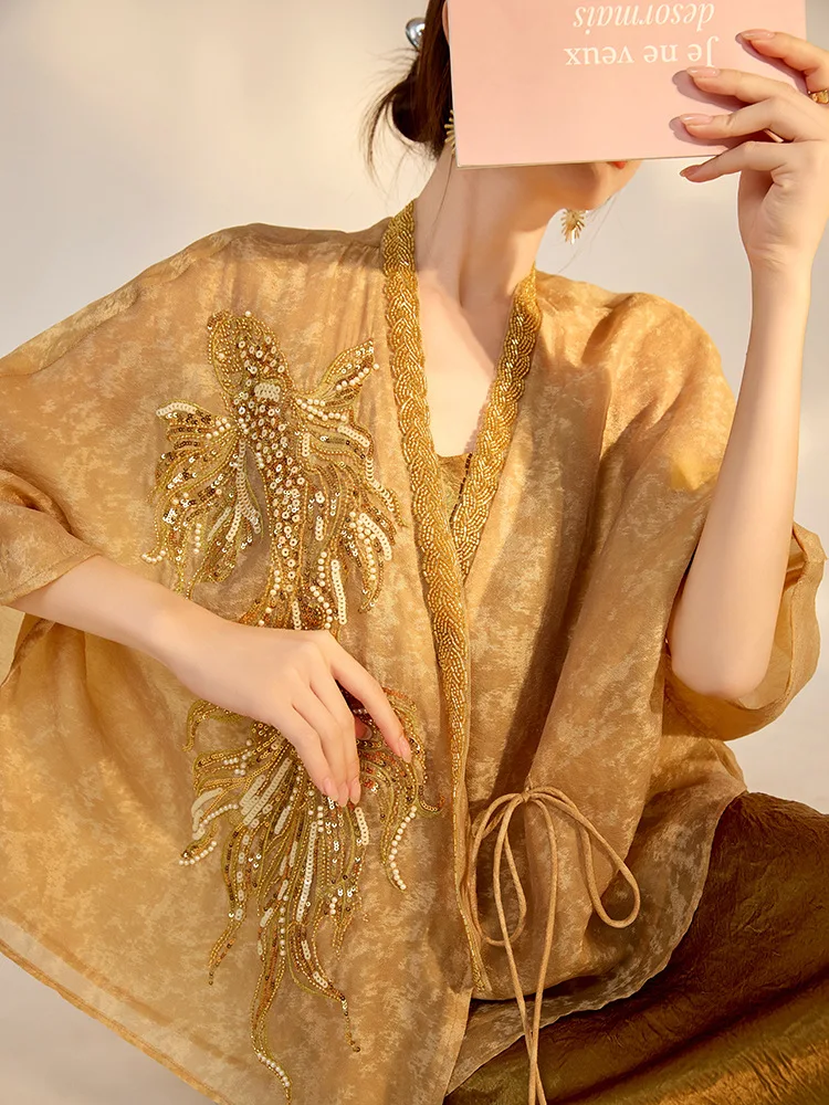 2026 New Chinese Style High-end Design with Embroidered Beads Light Luxury Gold Silk Loose Top for Women