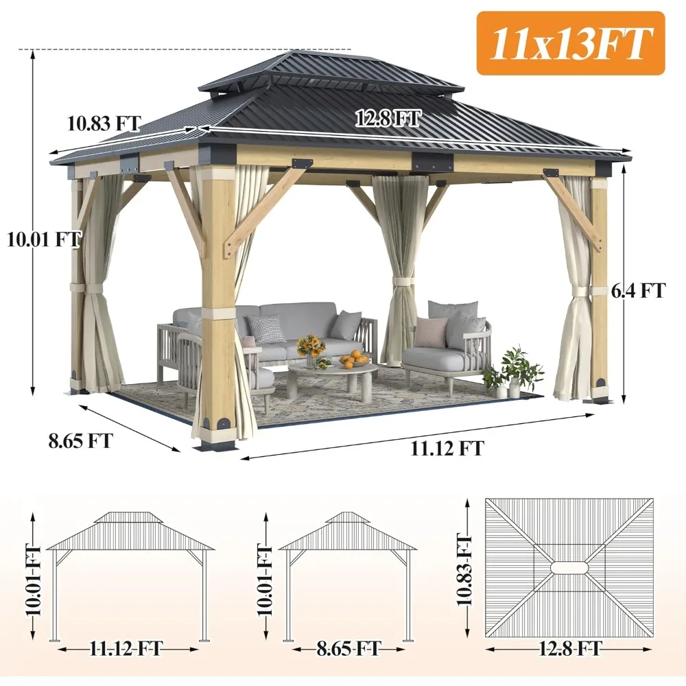 11’x13’ Patio Gazebo, Galvanized Steel Roof Gazebos & Privacy Curtains and Netting, Double Vented Roof Hardtop Gazebo