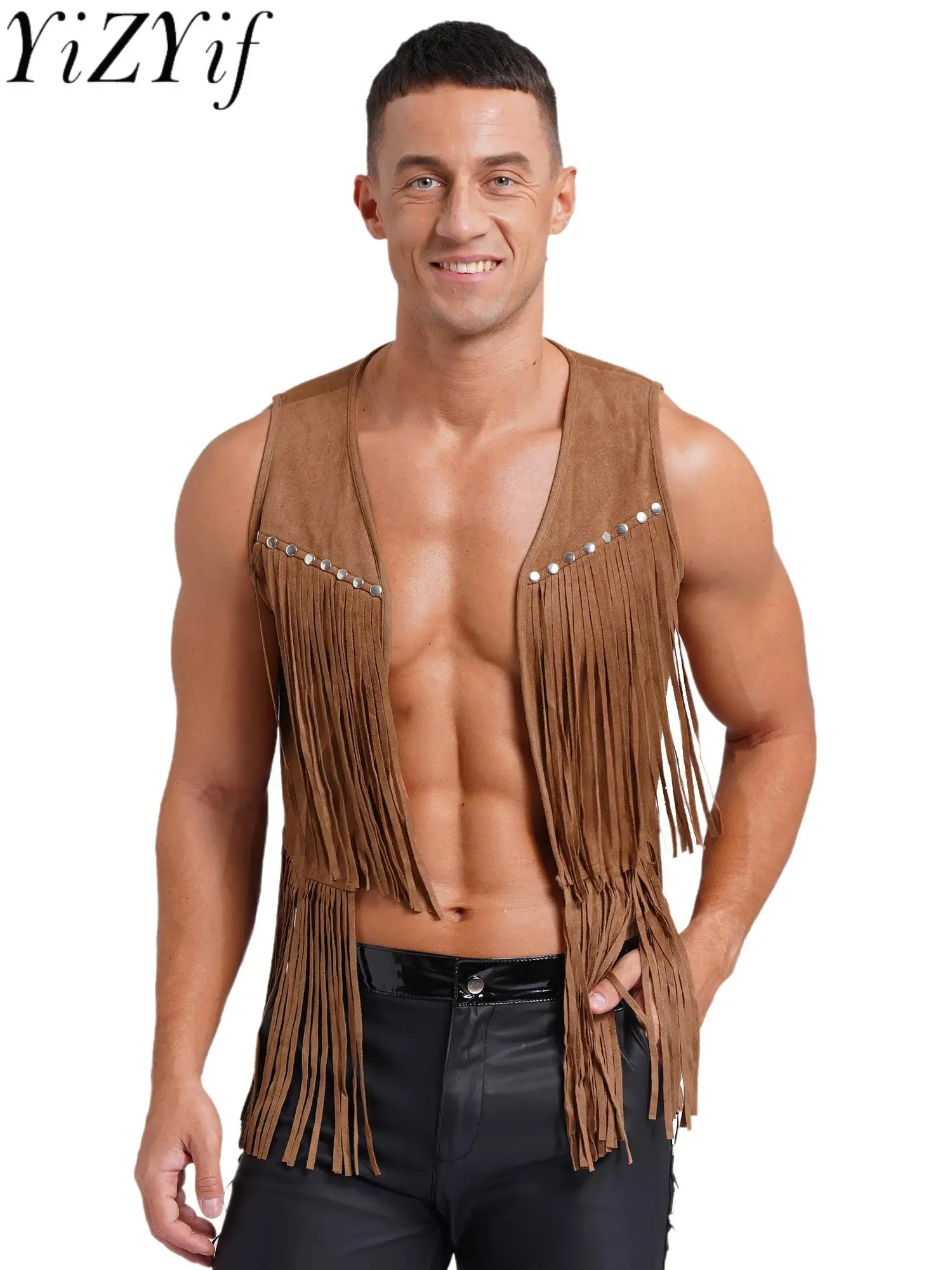 

Mens Western Cowboy Vest Vintage Faux Suede Tassel Tops Open Front Rivets Fringe Waistcoat Jacket Festival Rave Party Clubwear