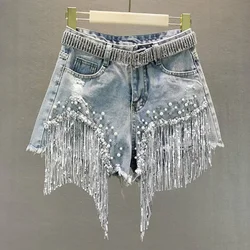 Sexy Women Irregular Denim Shorts Summer High Waist Slim Heavy Beaded Sequins Fringed Frayed Holes Wide Legs Zippers Pants 2024