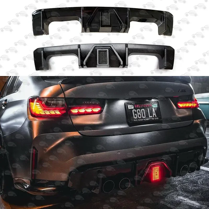 Rear Bumper Diffuser LED Rear Lip Tail Lip Spoiler With Brake Light For BMW BMW M3 M4 G80 G82 2021+Glossy Black/ Carbon Fiber