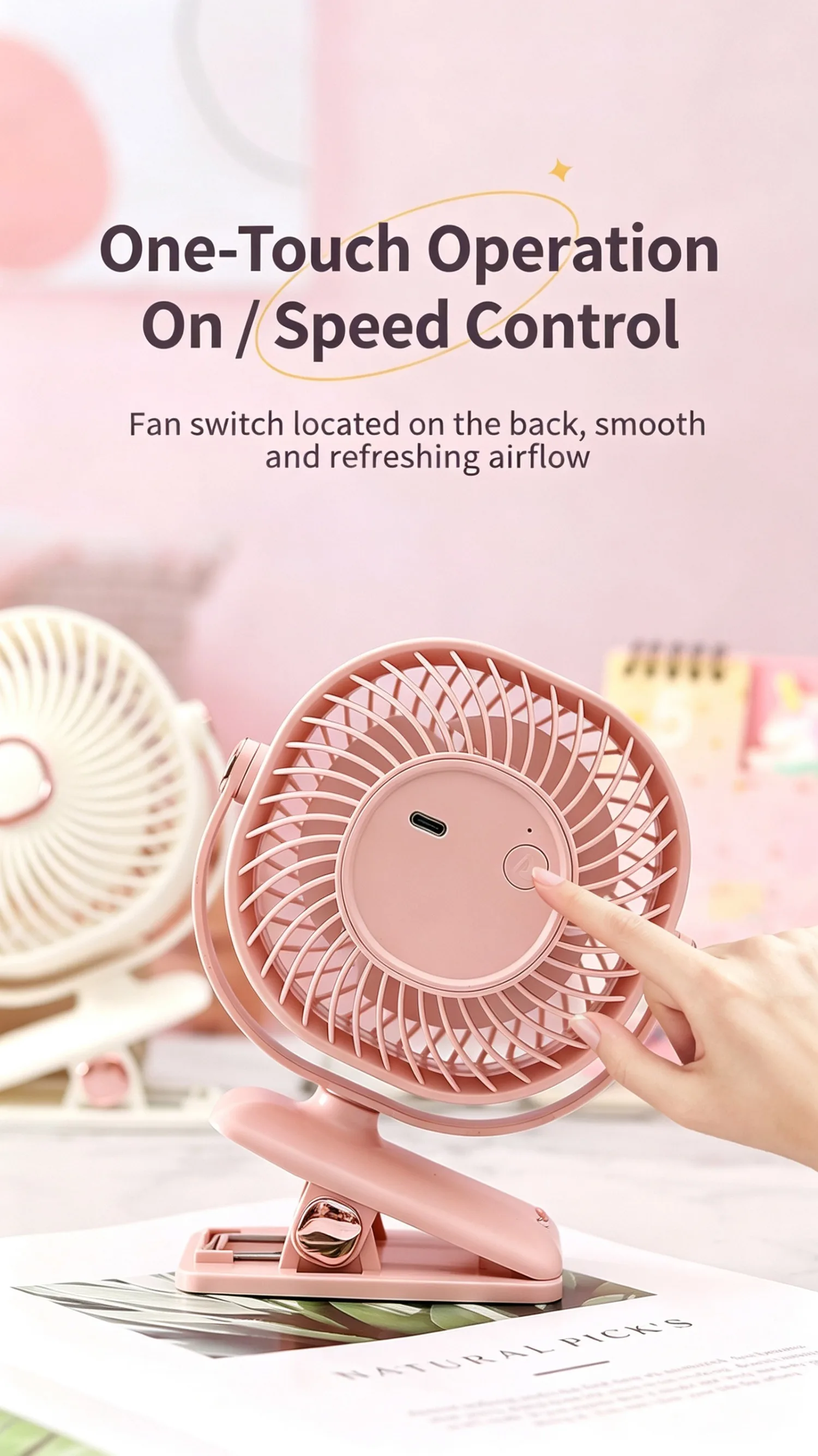 Clip-Ventilator, wiederaufladbarer Mini-Tischventilator, 3 Geschwindigkeiten, USB Typ-C, tragbar, leise, drehbar, mit Sockel für Kinderwagen, Büro, Bett, Sommer – Detail 9