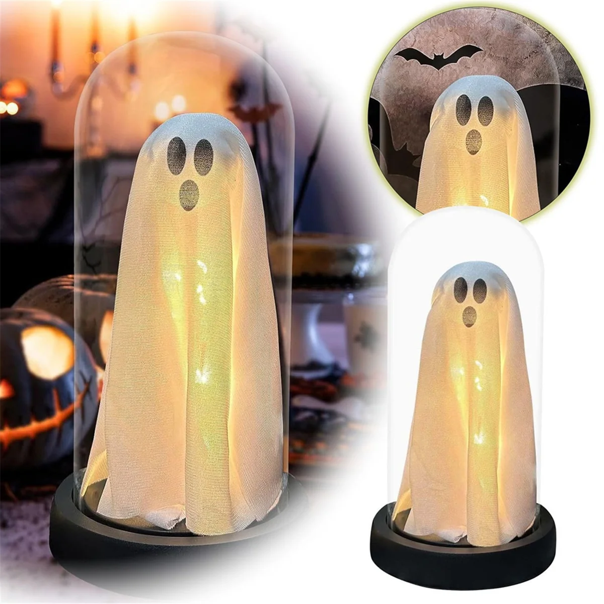 Decoración de Halloween con luz, fantasma en Cloche de cristal, lindo fantasma con luz para chimenea, decoraciones de Halloween