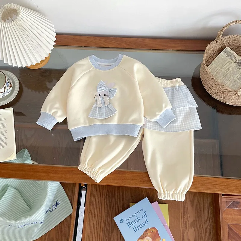 

Girls' spring set Pants with plaid trim and pullover Sweet Princess Two-Piece Set Girls Clothing