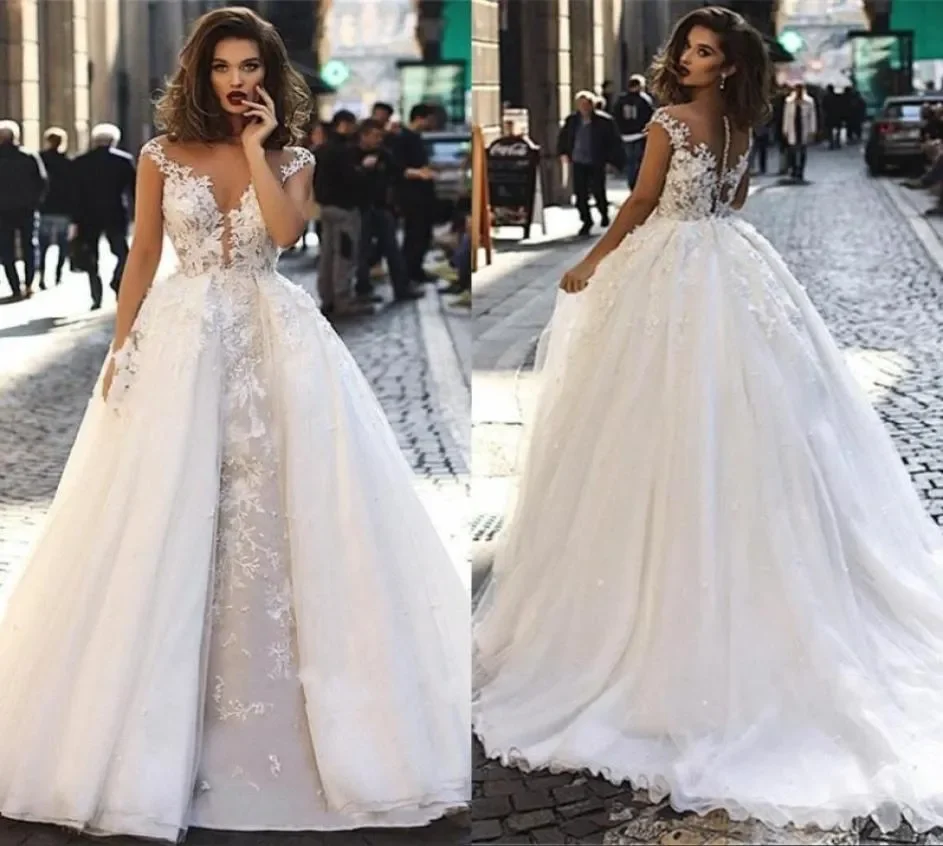 Sexy vestidos de casamento ilusão personalizada uma linha colher andar-comprimento varredura trem applique rendas longo tule vestidos de noiva