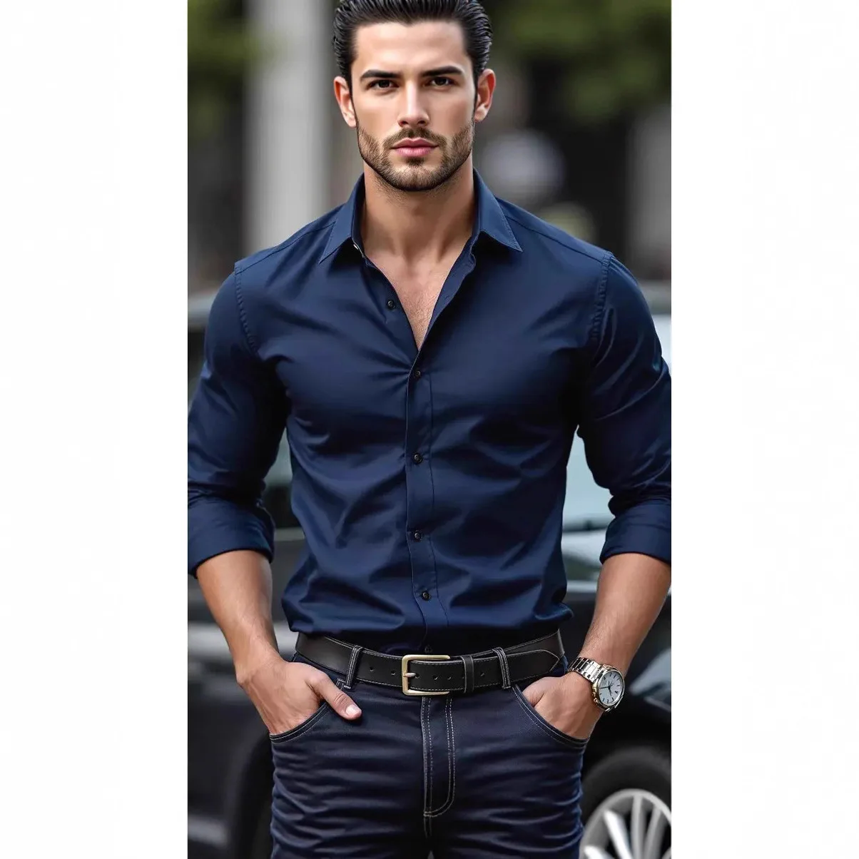 American Hardcore Shiny Slim Wrinkle-Free Long Sleeve Shirt Men's Casual Top