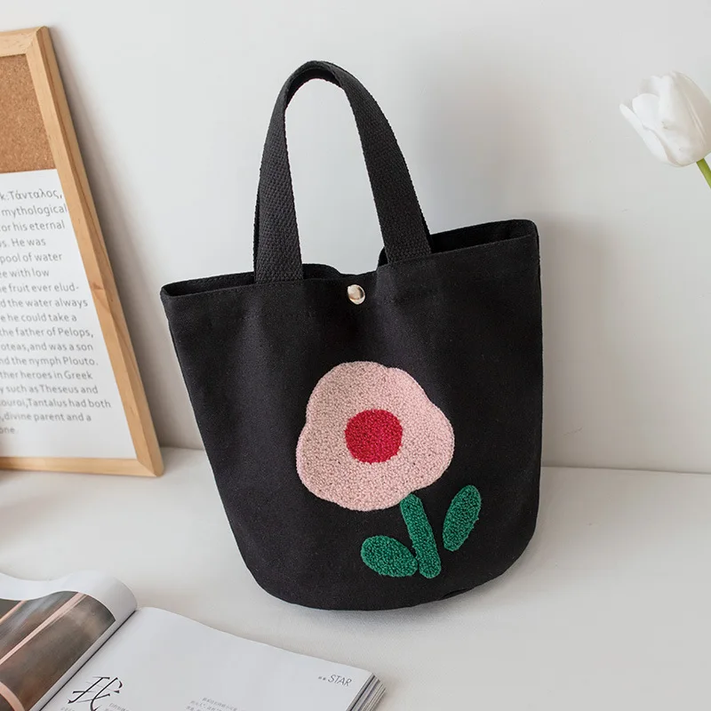 Bolso de mano de lona con flores de felpa bordadas para mujer, bolsos de compras de gran capacidad, lonchera, bolso de mano para estudiantes