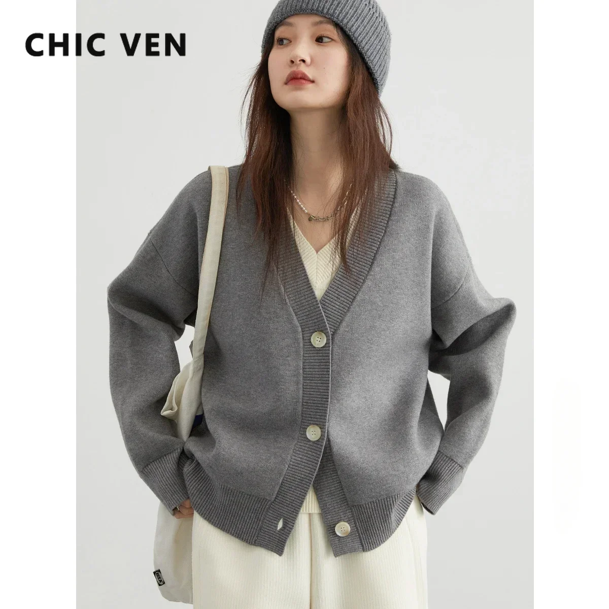 CHIC VEN Women Cardigan Loose V-neck Female Sweater Long Sleeved Knit Top for Girl Korean Popular Clothes Spring Autumn 2024