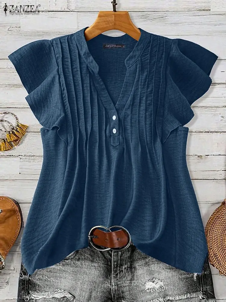 2025 Summer Women Tops ZANZEA Casual Short Sleeve Blouse Stylish V Neck Holiday Shirt Female Work Blusas Mujer Chemise Oversize