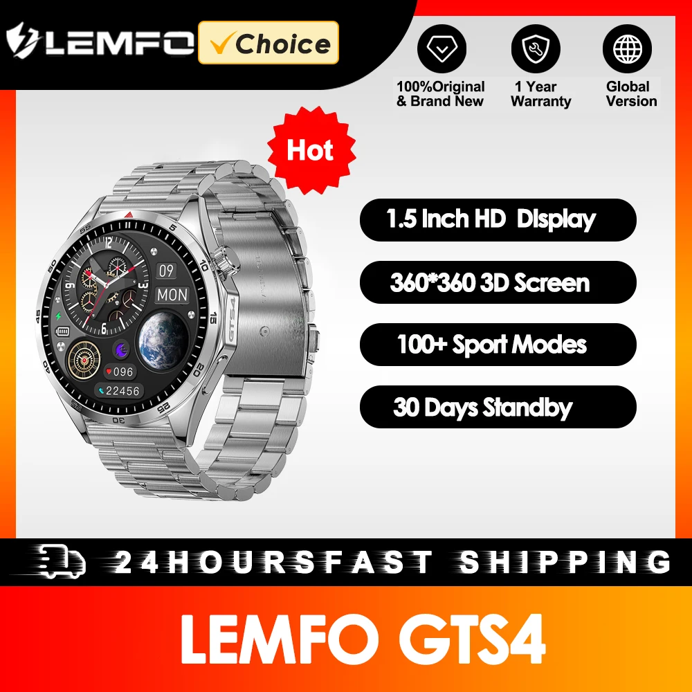 LEMFO GTS4 Smart Watch Men GTS4 Pro GPS Tracker Smartwatch Men Watch 4 Pro 2024 1.5 Inch 360*360 HD Screen For HUAWEI Xiaomi IOS