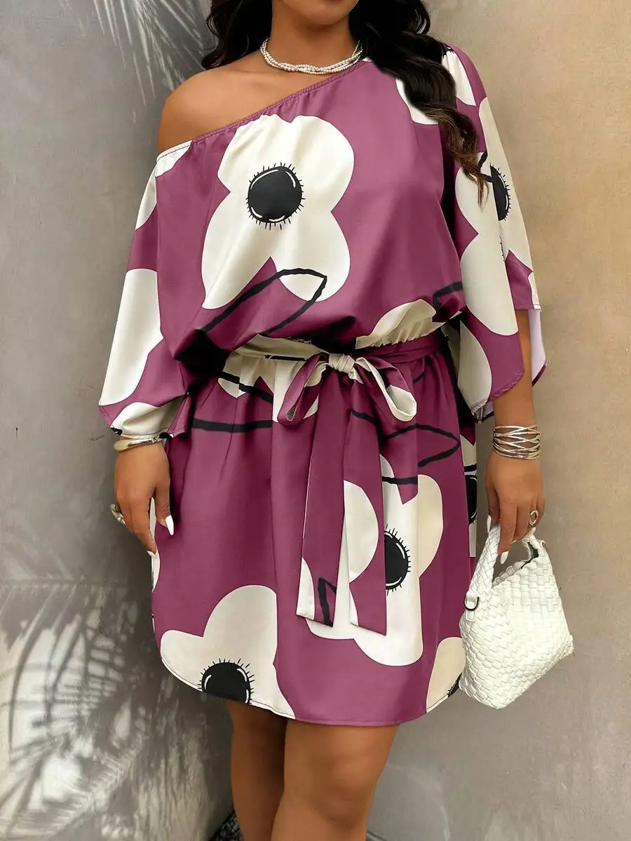 

Plus Size Women Floral Print Asymmetrical Shoulder Casual Vacation Dress