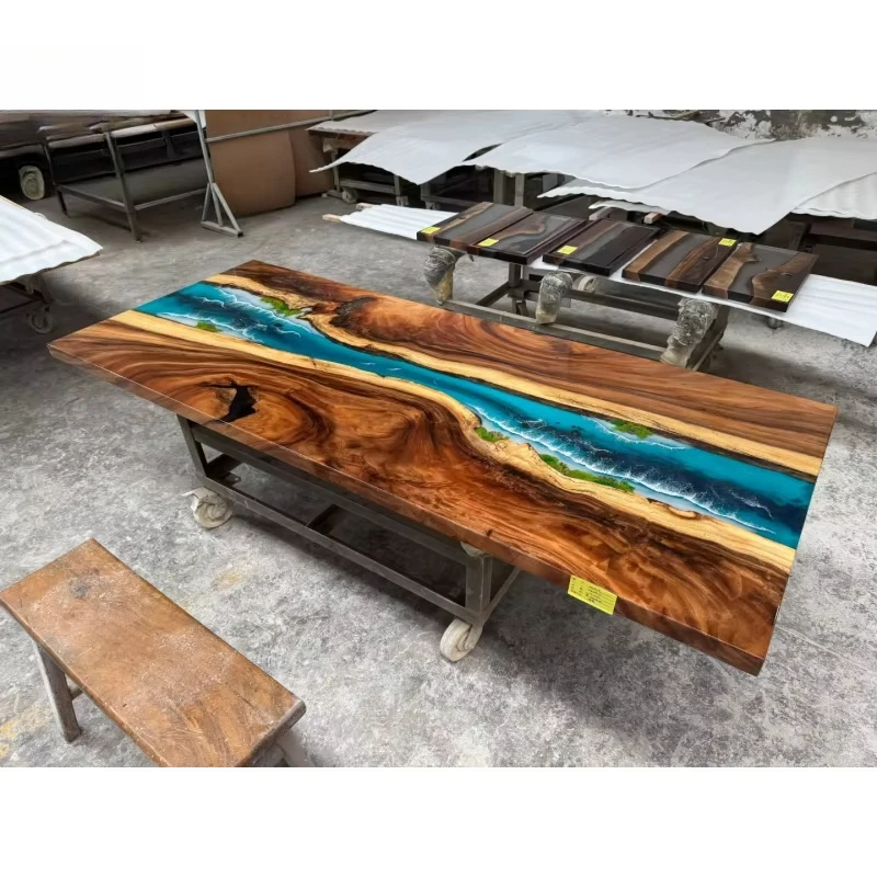 

Live Edge Wood Resin Dining Table, Customizable Ocean Pattern River Table for Dining Room and Office