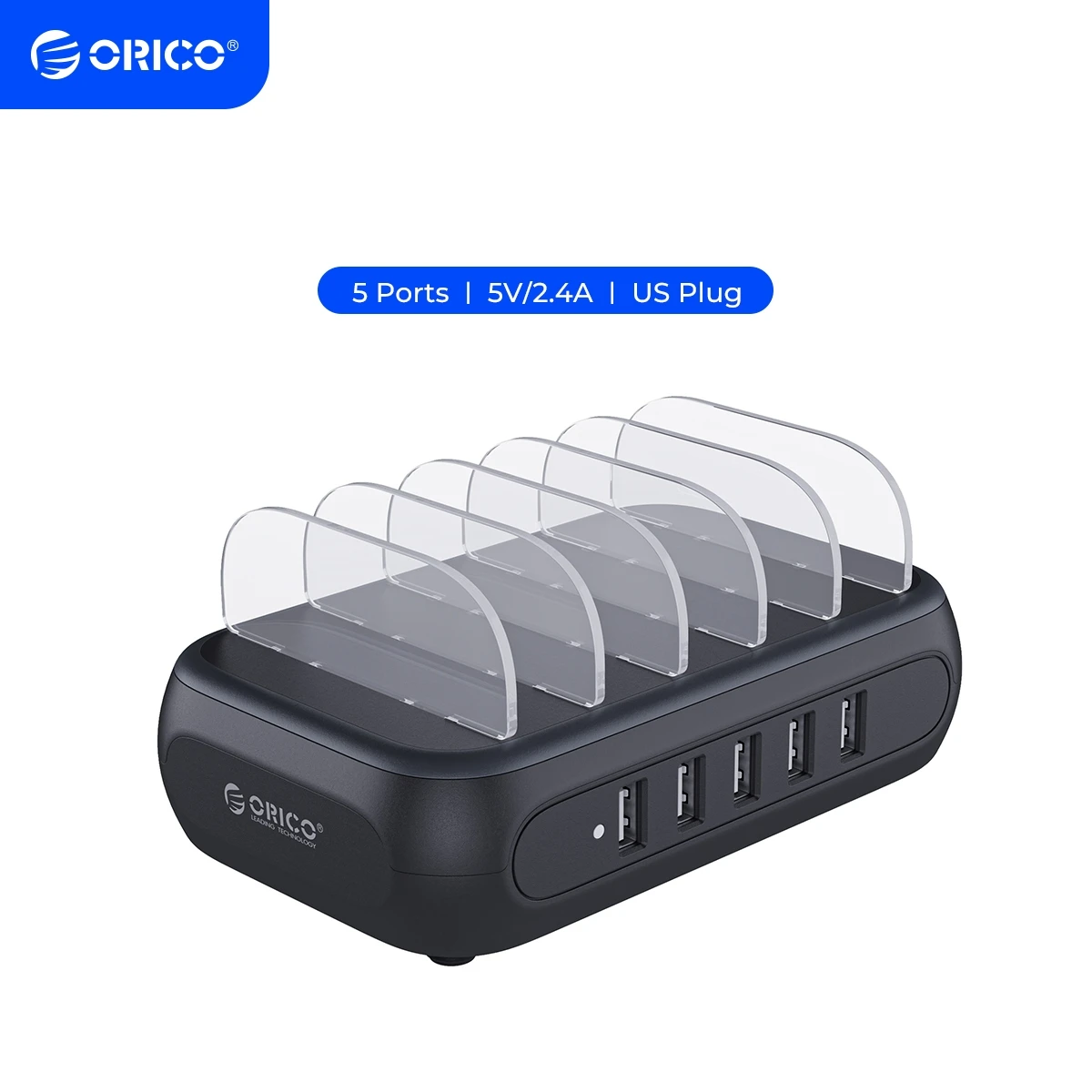 ORICO 5 Ports USB Charger Station Docking with Holder 40W 5V2.4A Charging Free USB Cable for iphone Samsung Xiaomi PC Tablet